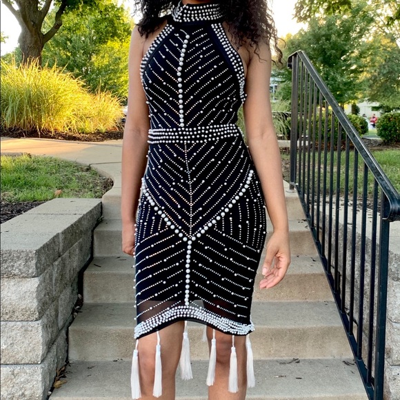 Beaded Pearl and Rhinestone Bandage Dress - Picture 14 of 14